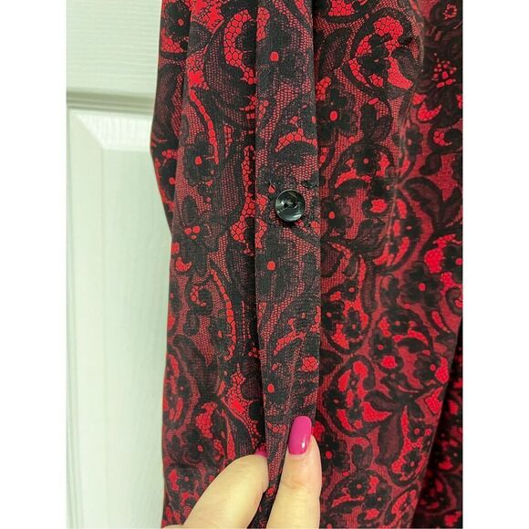 Catherine’s Red & Black Lace Print Button Down Tab Sleeve Top sz 2X - Picture 5 of 8